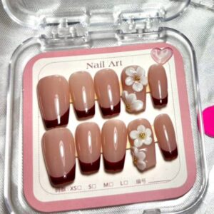Burgundy French Tip Press-On Nails 3D Floral Artisan