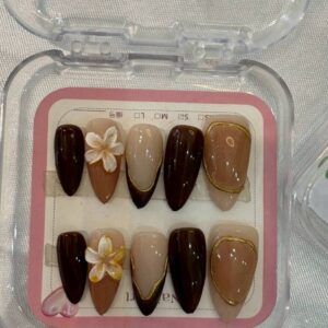 Chocolate Brown Press-On Nails 3D Floral Gold Artisan