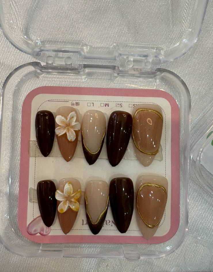 Chocolate Brown Press-On Nails 3D Floral Gold Artisan