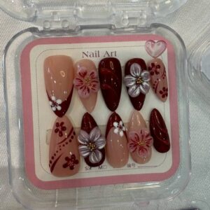 Deep Cherry Blossom Press-On Nails 3D Luxury Artisan