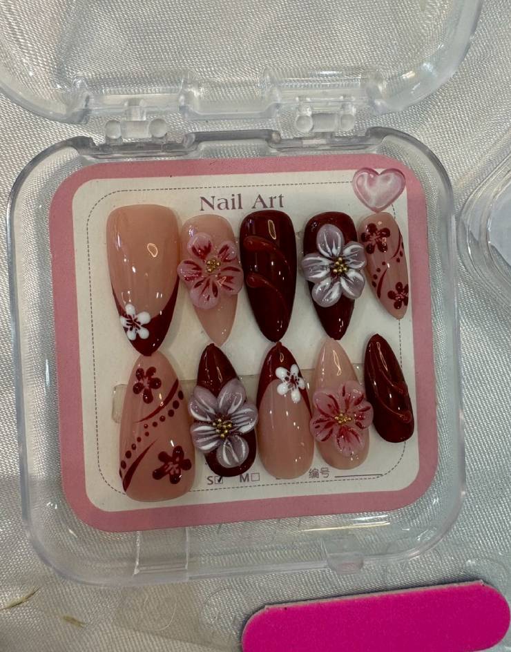 Deep Cherry Blossom Press-On Nails 3D Luxury Artisan