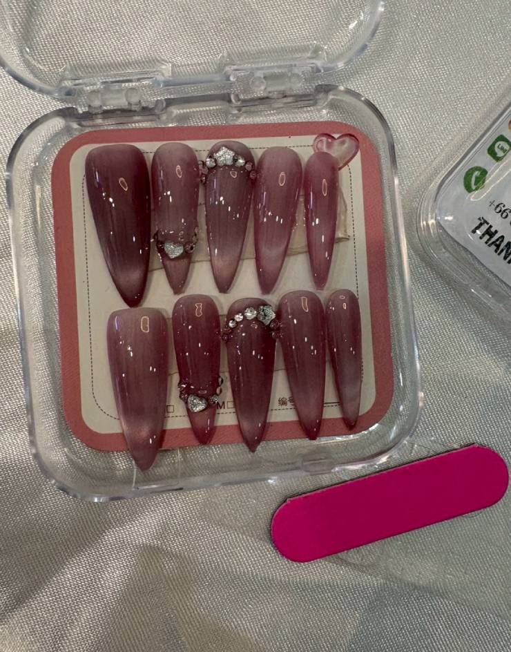 Rose Quartz Cat Eye Press-On Nails Crystal Heart Artisan